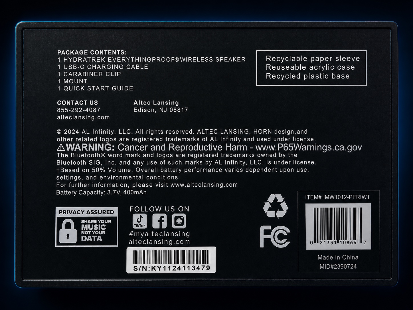 Back of an Altec Lansing product package with the serial-number barcode sticker near the bottom center